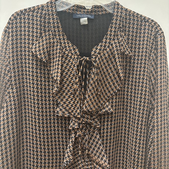 Tommy Hilfiger Brown Houndstooth Ruffle Tie Neck Long Sleeve Blouse size Large - Picture 2 of 11